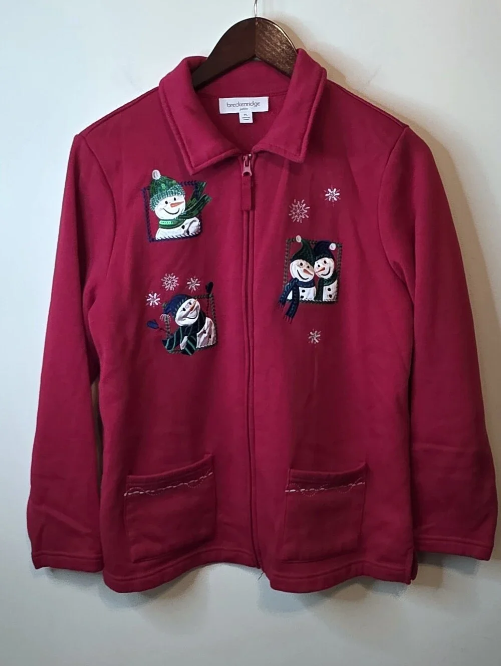 Vintage Breckenridge Christmas Snowmen Fleece Jacket Red Zip Size Petite Large
